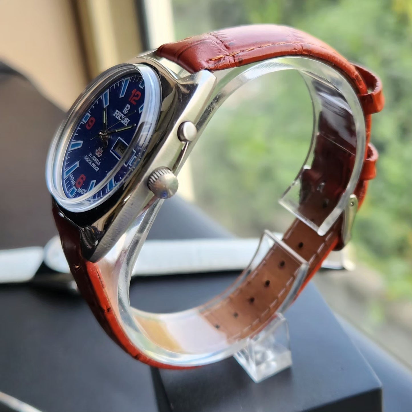 Vintage Ricoh R31 Automatic Blue Face New Strap 21 Jewels Day-Date Men's Wrist Watch R93