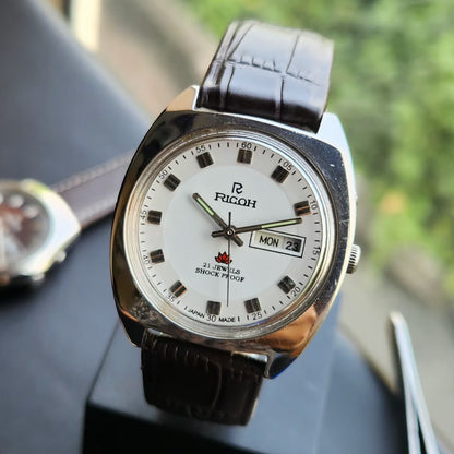 Vintage Ricoh R31 Automatic White Face New Strap 21 Jewels Day-Date Men's Wrist Watch R95