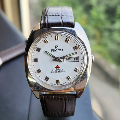 Vintage Ricoh R31 Automatic White Face New Strap 21 Jewels Day-Date Men's Wrist Watch R95