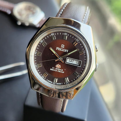 Vintage Ricoh R31 Automatic Brown Face New Strap 21 Jewels Day-Date Men's Wrist Watch R96