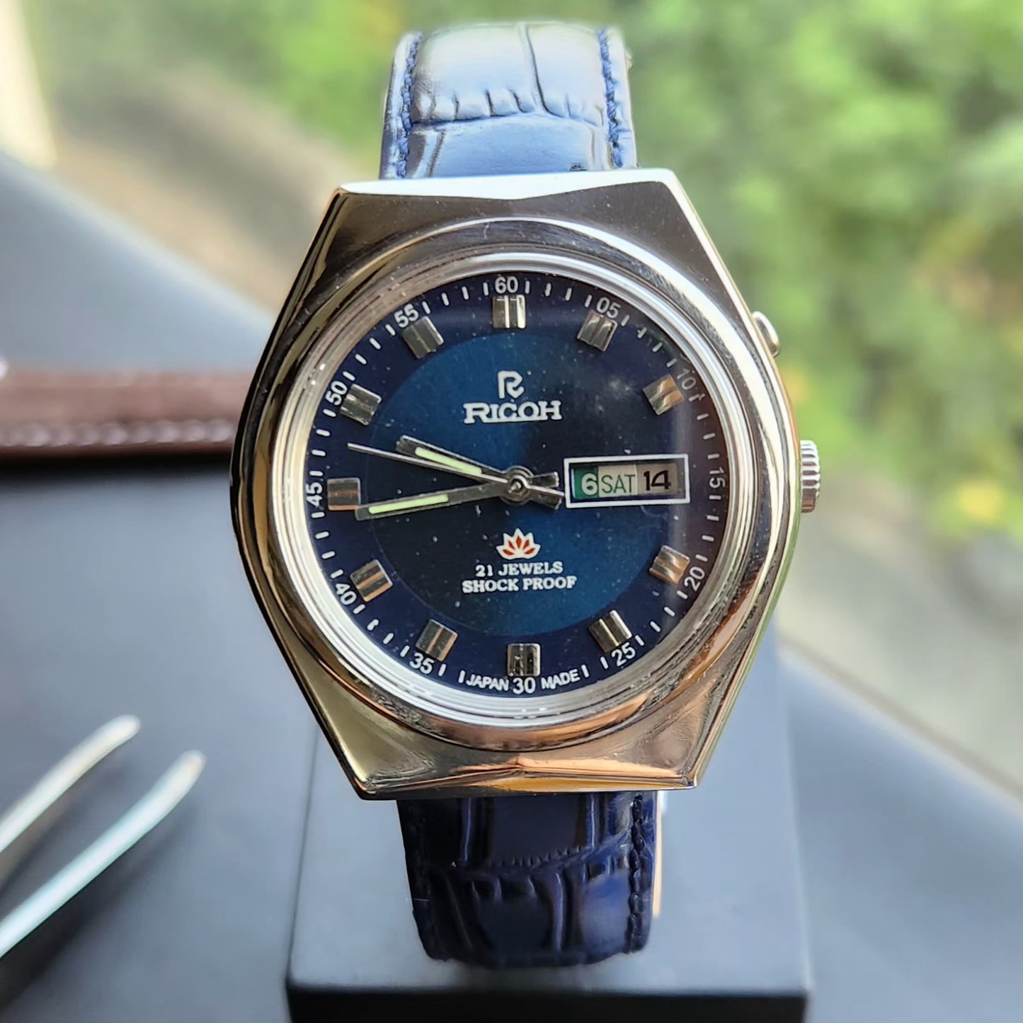 Vintage Ricoh R31 Automatic Blue Face New Strap 21 Jewels Day-Date Men's Wrist Watch R97
