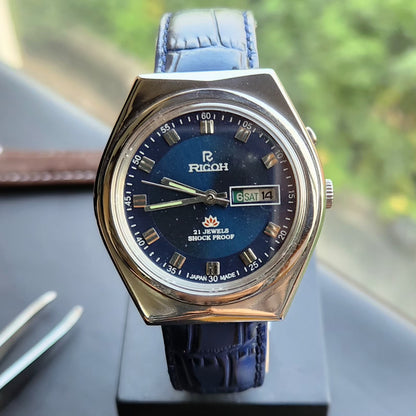 Vintage Ricoh R31 Automatic Blue Face New Strap 21 Jewels Day-Date Men's Wrist Watch R97