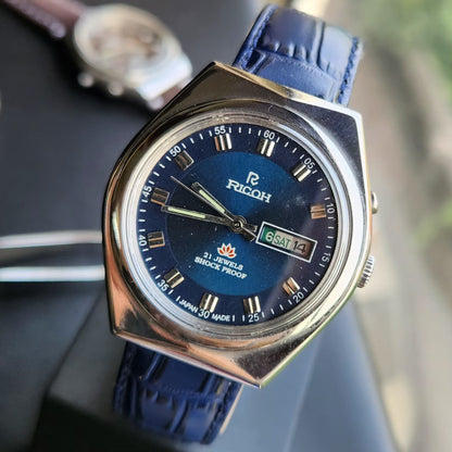 Vintage Ricoh R31 Automatic Blue Face New Strap 21 Jewels Day-Date Men's Wrist Watch R97