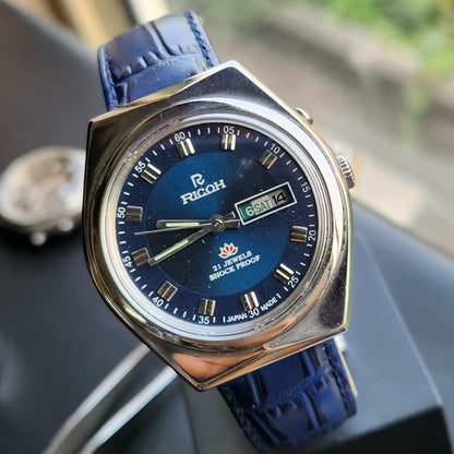 Vintage Ricoh R31 Automatic Blue Face New Strap 21 Jewels Day-Date Men's Wrist Watch R97