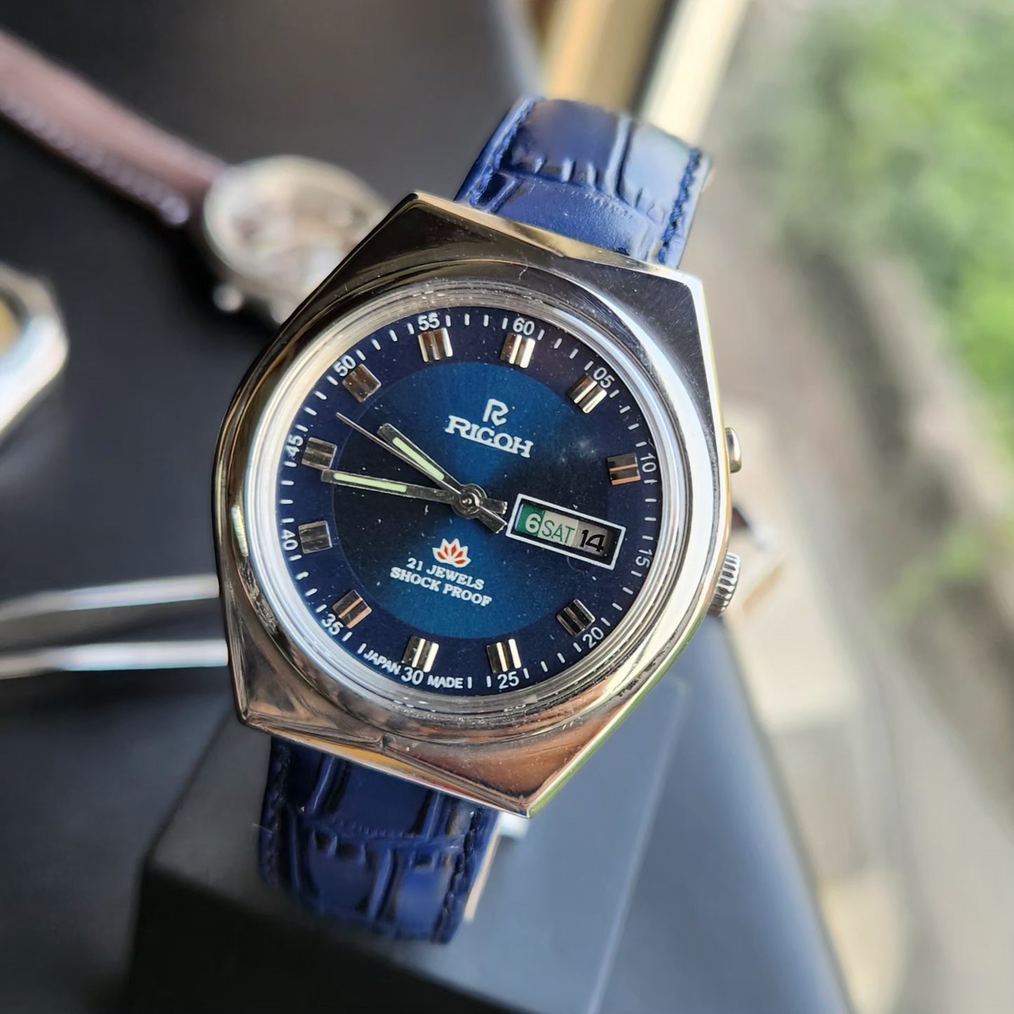 Vintage Ricoh R31 Automatic Blue Face New Strap 21 Jewels Day-Date Men's Wrist Watch R97
