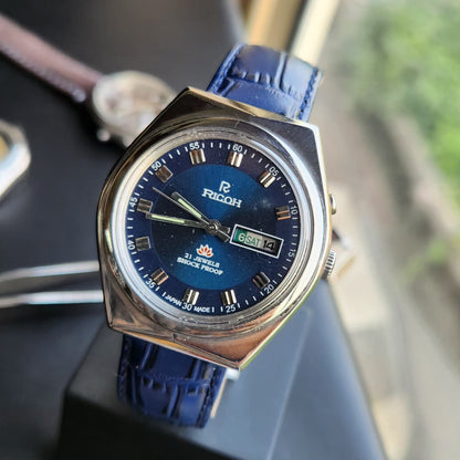 Vintage Ricoh R31 Automatic Blue Face New Strap 21 Jewels Day-Date Men's Wrist Watch R97