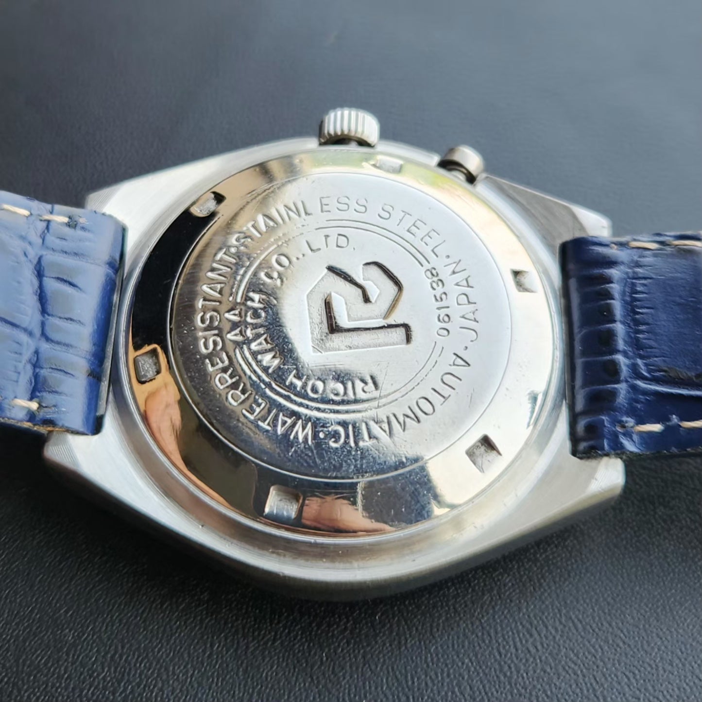 Vintage Ricoh R31 Automatic Blue Face New Strap 21 Jewels Day-Date Men's Wrist Watch R97