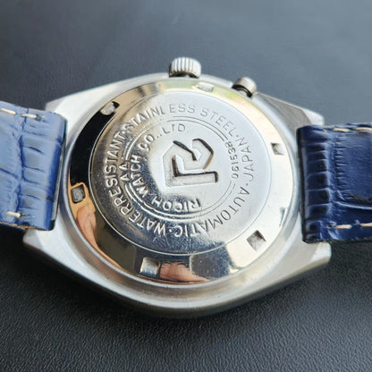 Vintage Ricoh R31 Automatic Blue Face New Strap 21 Jewels Day-Date Men's Wrist Watch R97