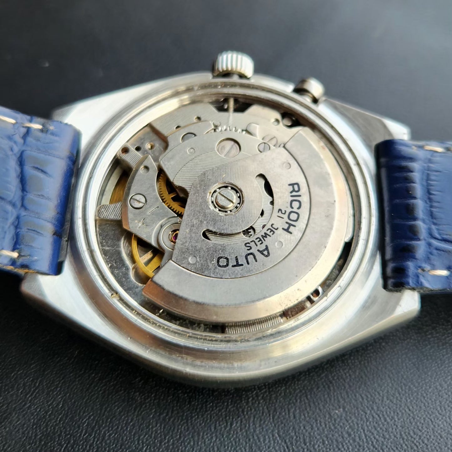Vintage Ricoh R31 Automatic Blue Face New Strap 21 Jewels Day-Date Men's Wrist Watch R97