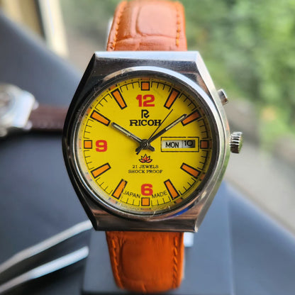 Vintage Ricoh R31 Automatic Yellow Face New Strap 21 Jewels Day-Date Men's Wrist Watch R98
