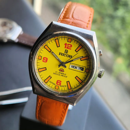 Vintage Ricoh R31 Automatic Yellow Face New Strap 21 Jewels Day-Date Men's Wrist Watch R98