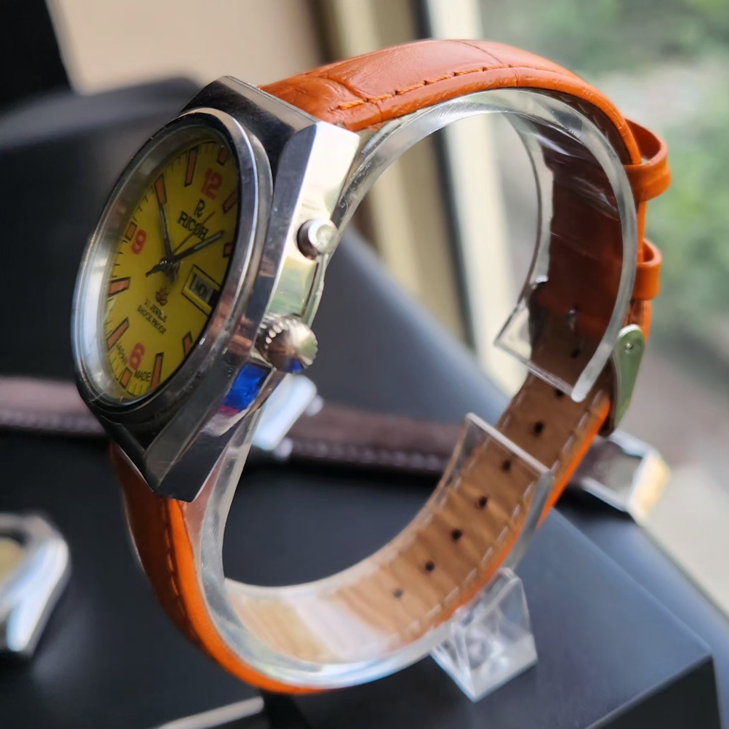 Vintage Ricoh R31 Automatic Yellow Face New Strap 21 Jewels Day-Date Men's Wrist Watch R98