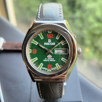 Vintage Ricoh R31 Automatic Green Face Green Strap 21 Jewels Day-Date Men's Wrist Watch R99