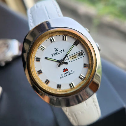 Vintage Ricoh R31 Automatic White Face New Strap 21 Jewels Day-Date Men's Wrist Watch R100