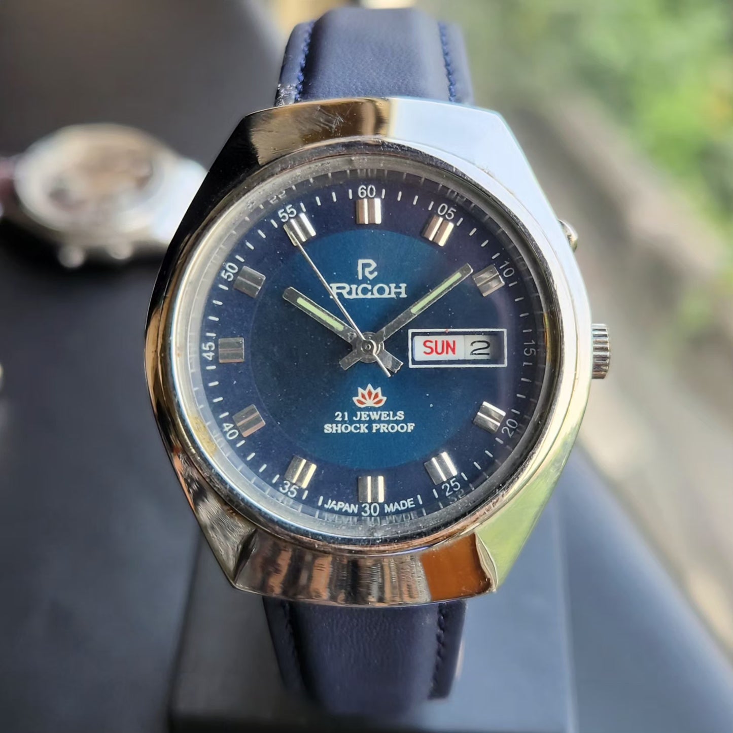 Vintage Ricoh R31 Automatic Blue Face New Strap 21 Jewels Day-Date Men's Wrist Watch R101