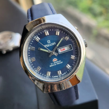 Vintage Ricoh R31 Automatic Blue Face New Strap 21 Jewels Day-Date Men's Wrist Watch R101
