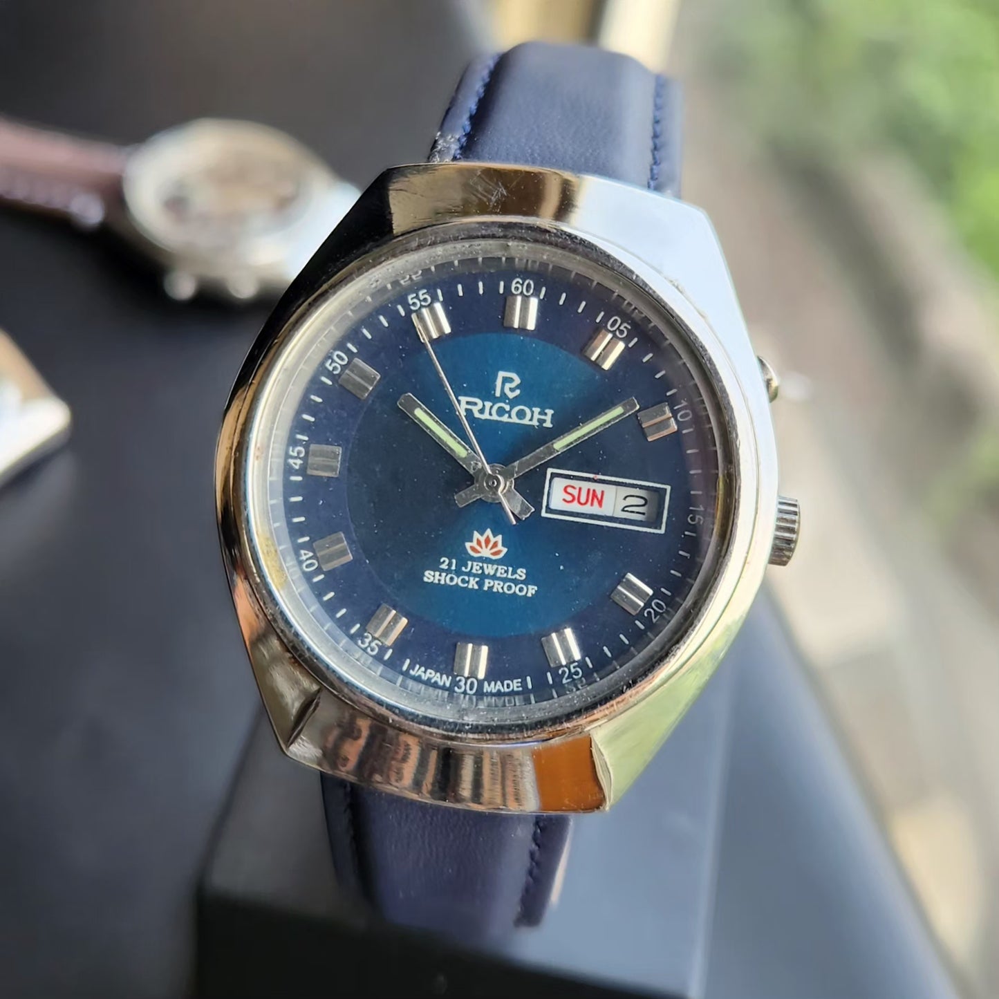 Vintage Ricoh R31 Automatic Blue Face New Strap 21 Jewels Day-Date Men's Wrist Watch R101
