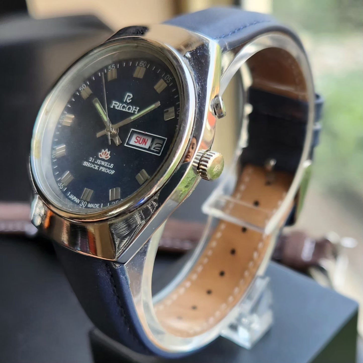 Vintage Ricoh R31 Automatic Blue Face New Strap 21 Jewels Day-Date Men's Wrist Watch R101