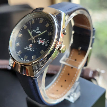 Vintage Ricoh R31 Automatic Blue Face New Strap 21 Jewels Day-Date Men's Wrist Watch R101