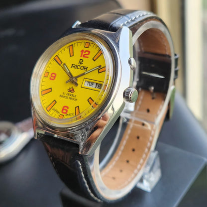 Vintage Ricoh R31 Automatic Yellow Face New Strap 21 Jewels Day-Date Men's Wrist Watch R105