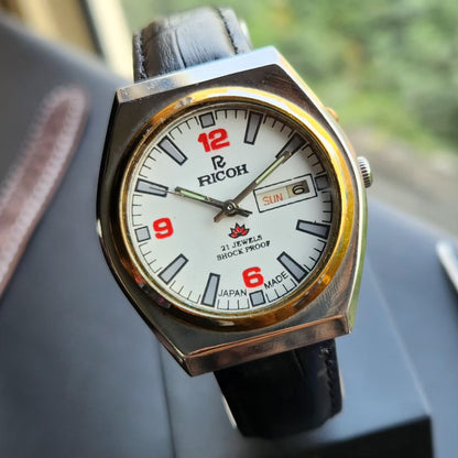 Vintage Ricoh R31 Automatic White Face New Strap 21 Jewels Day-Date Men's Wrist Watch R106