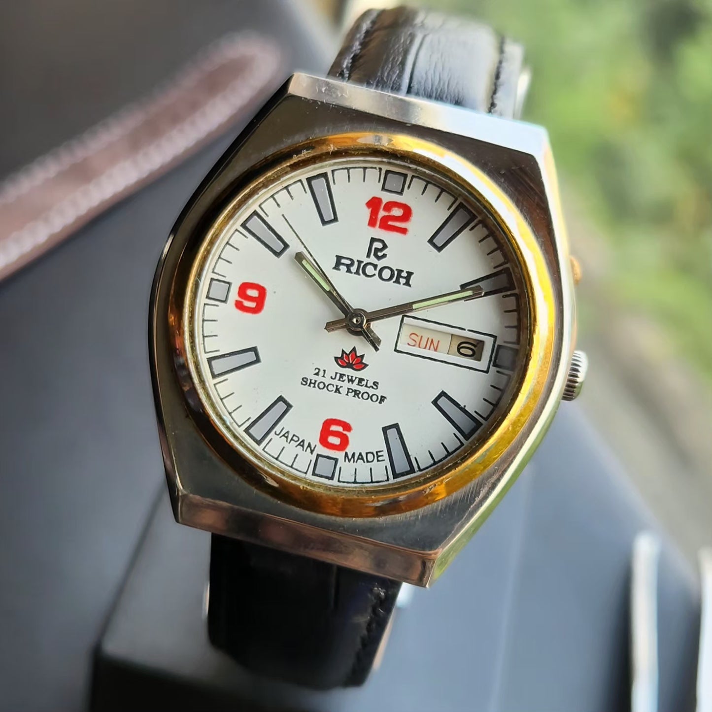 Vintage Ricoh R31 Automatic White Face New Strap 21 Jewels Day-Date Men's Wrist Watch R106