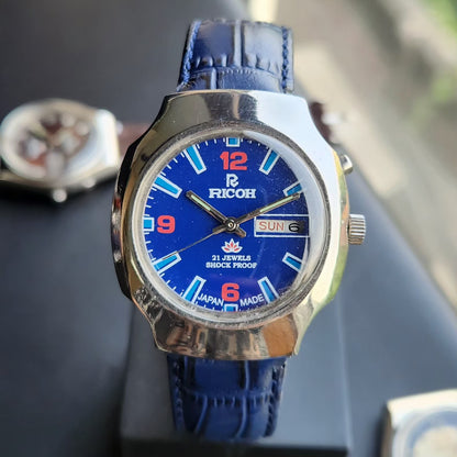 Vintage Ricoh R31 Automatic Blue Face New Strap 21 Jewels Day-Date Men's Wrist Watch R107