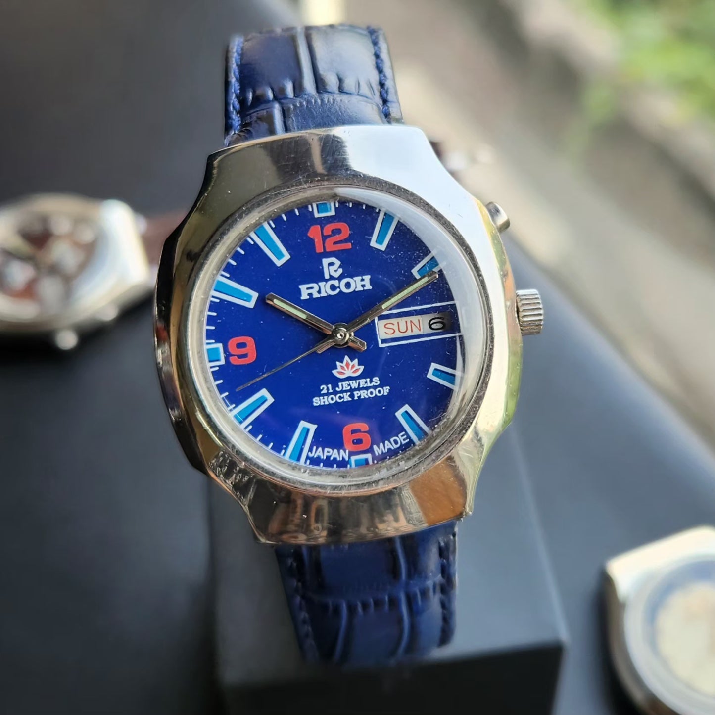 Vintage Ricoh R31 Automatic Blue Face New Strap 21 Jewels Day-Date Men's Wrist Watch R107