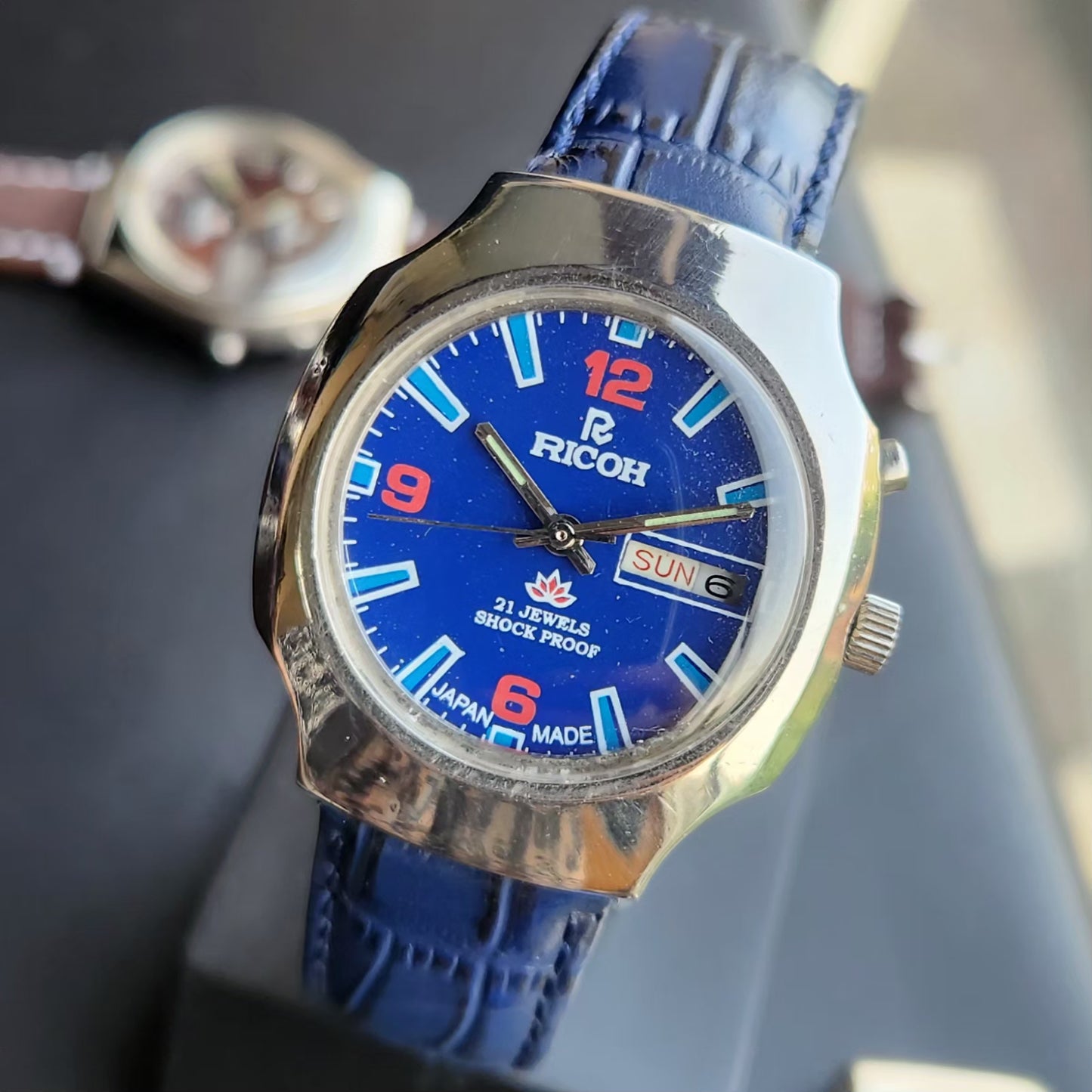 Vintage Ricoh R31 Automatic Blue Face New Strap 21 Jewels Day-Date Men's Wrist Watch R107