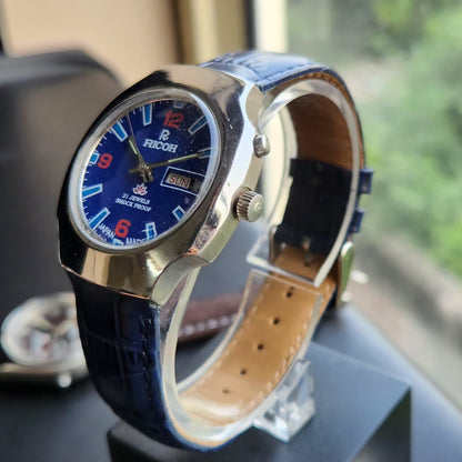 Vintage Ricoh R31 Automatic Blue Face New Strap 21 Jewels Day-Date Men's Wrist Watch R107