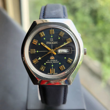 Vintage Ricoh R31 Automatic Blue Face New Strap 21 Jewels Day-Date Men's Wrist Watch R110