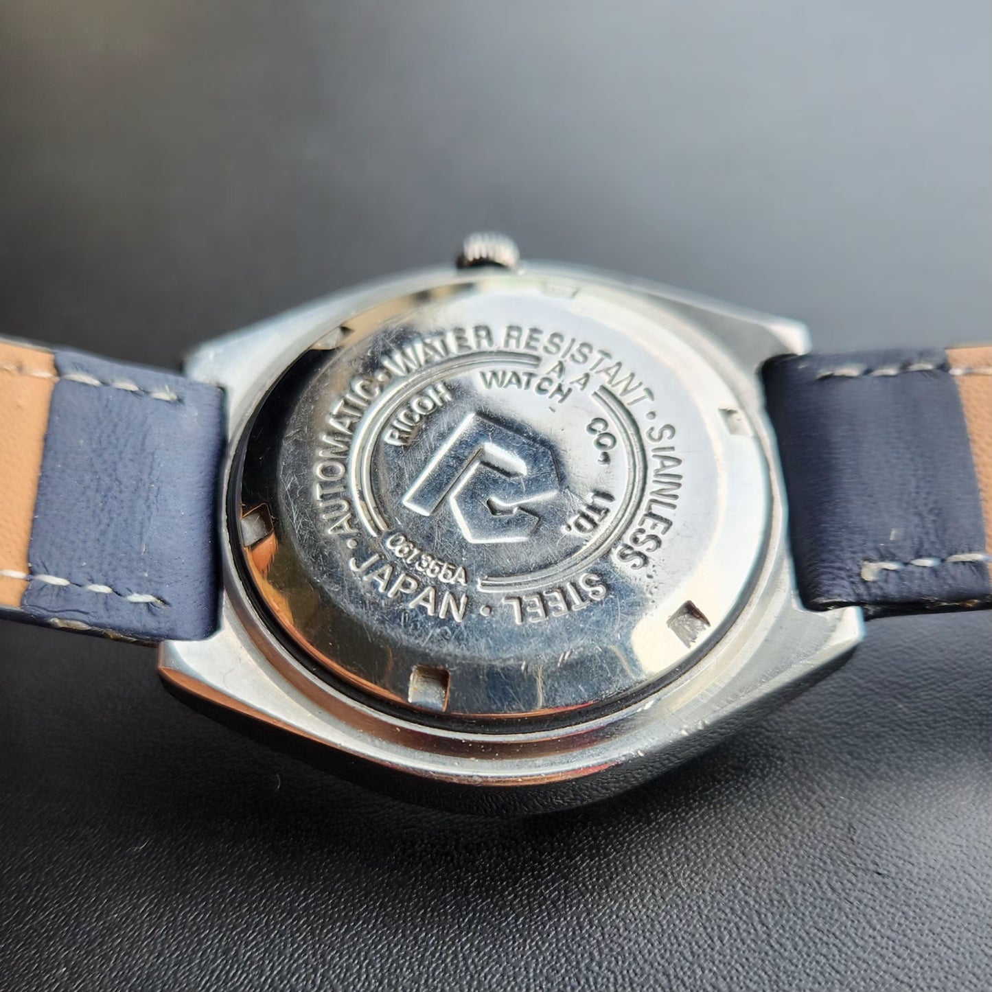 Vintage Ricoh R31 Automatic Blue Face New Strap 21 Jewels Day-Date Men's Wrist Watch R110