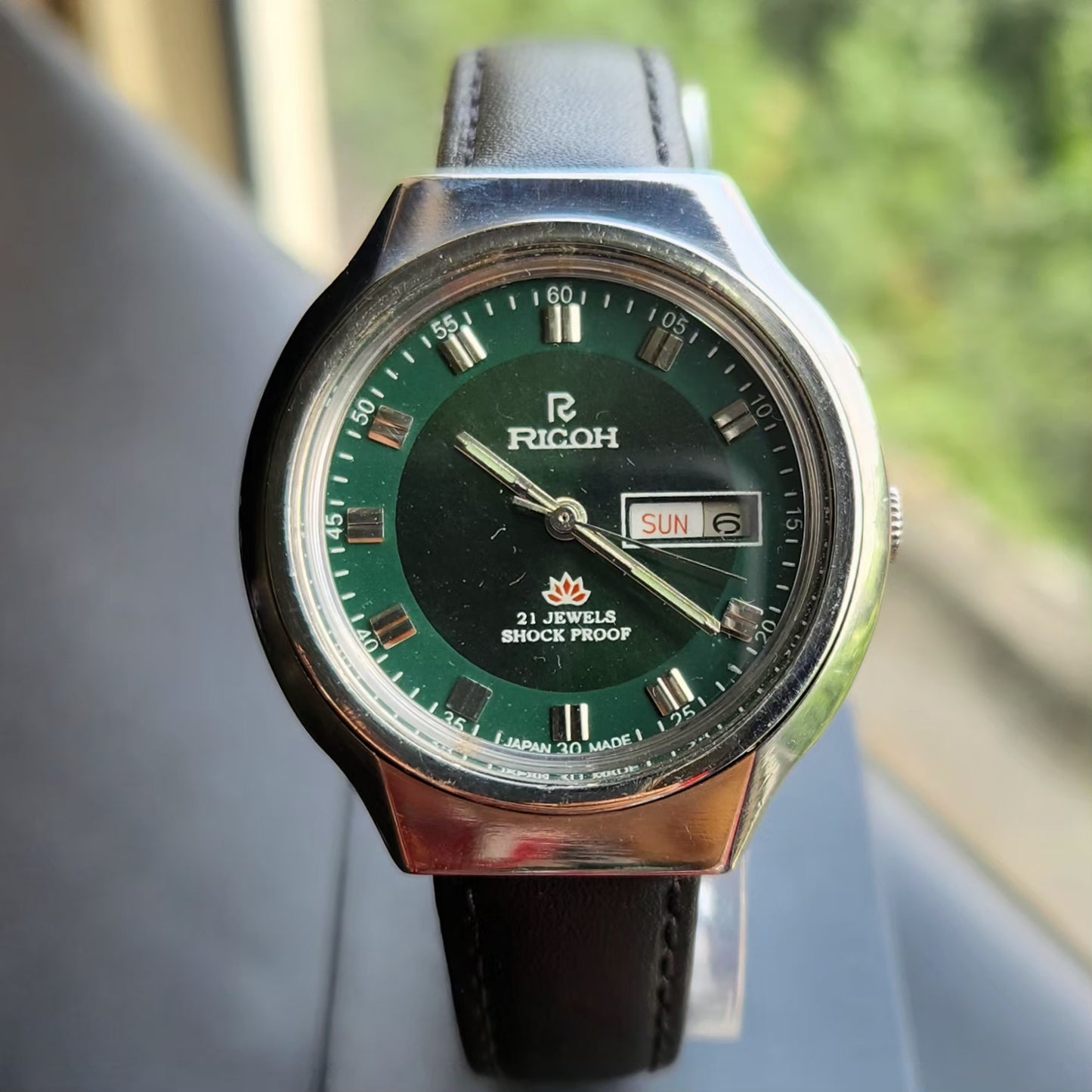 Vintage Ricoh R31 Automatic Green Face New Strap 21 Jewels Day-Date Men's Wrist Watch R114