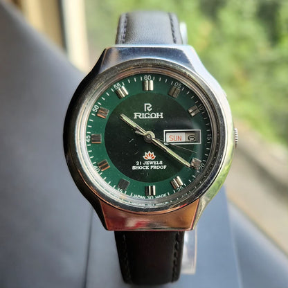 Vintage Ricoh R31 Automatic Green Face New Strap 21 Jewels Day-Date Men's Wrist Watch R114