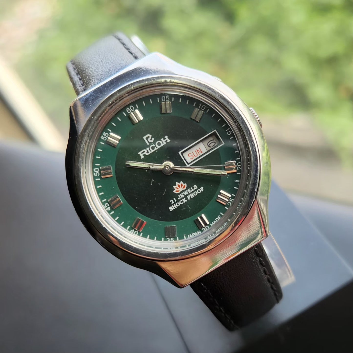 Vintage Ricoh R31 Automatic Green Face New Strap 21 Jewels Day-Date Men's Wrist Watch R114