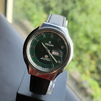 Vintage Ricoh R31 Automatic Green Face New Strap 21 Jewels Day-Date Men's Wrist Watch R114