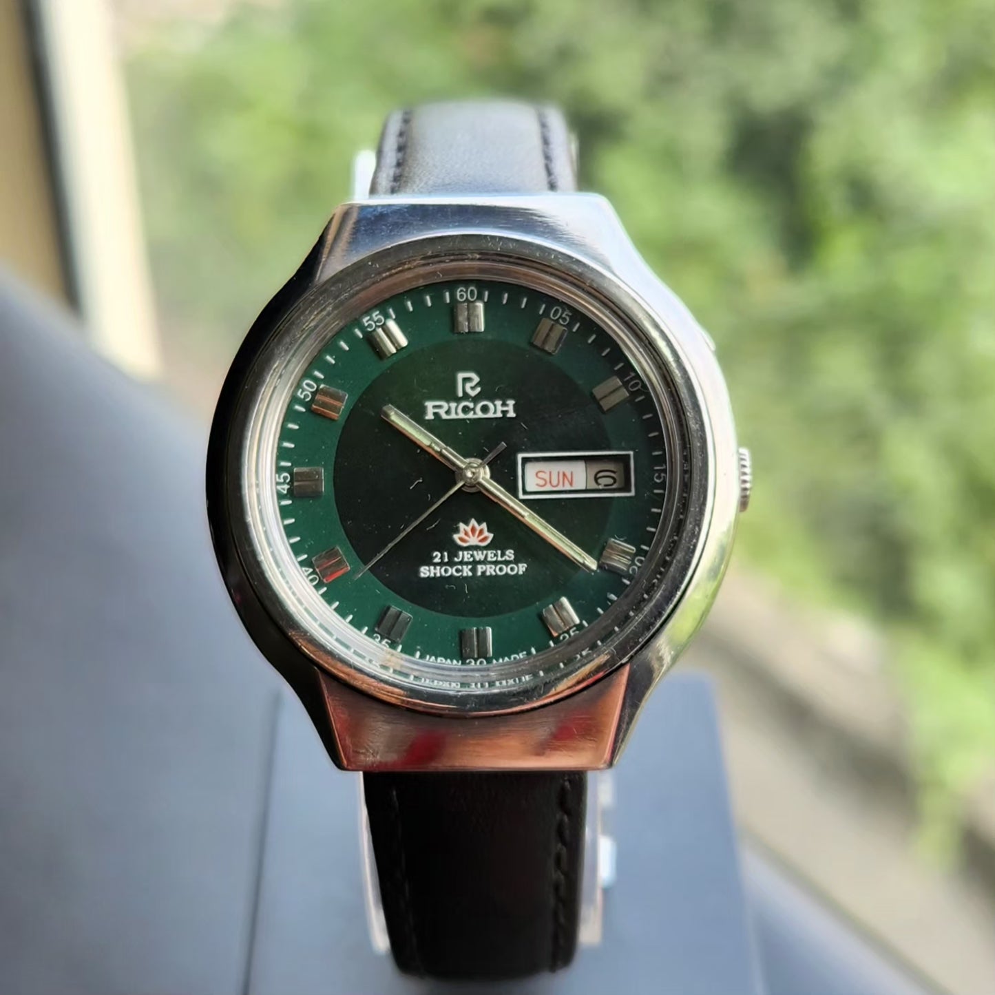 Vintage Ricoh R31 Automatic Green Face New Strap 21 Jewels Day-Date Men's Wrist Watch R114