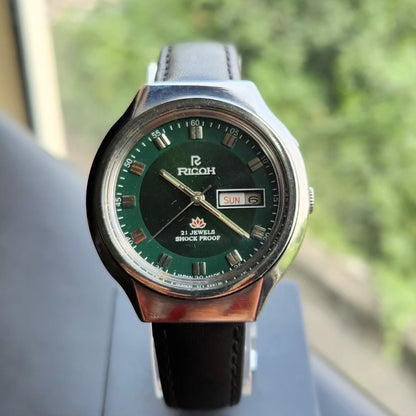 Vintage Ricoh R31 Automatic Green Face New Strap 21 Jewels Day-Date Men's Wrist Watch R114