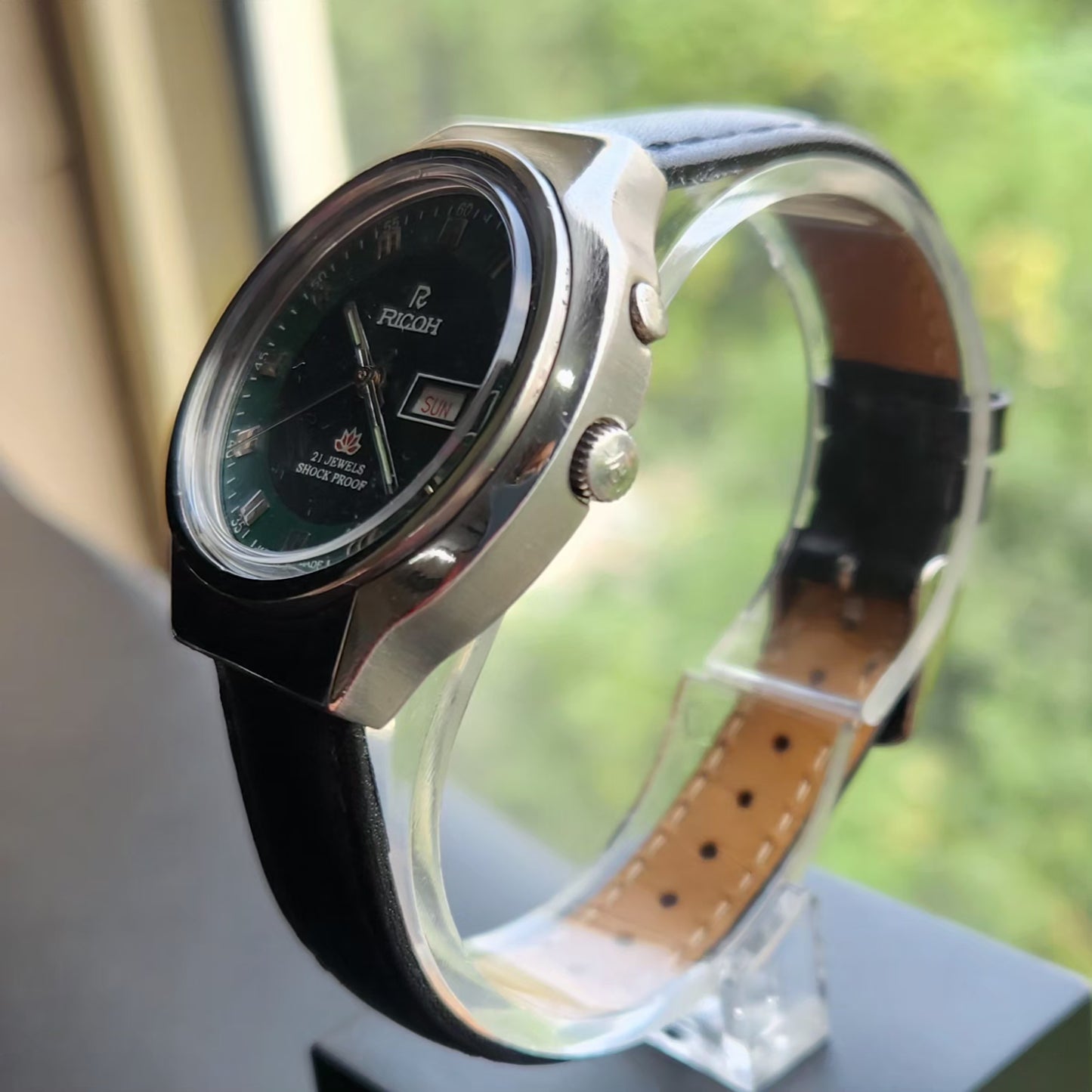 Vintage Ricoh R31 Automatic Green Face New Strap 21 Jewels Day-Date Men's Wrist Watch R114