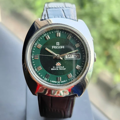 Vintage Ricoh R31 Automatic Green Face New Strap 21 Jewels Day-Date Men's Wrist Watch R116