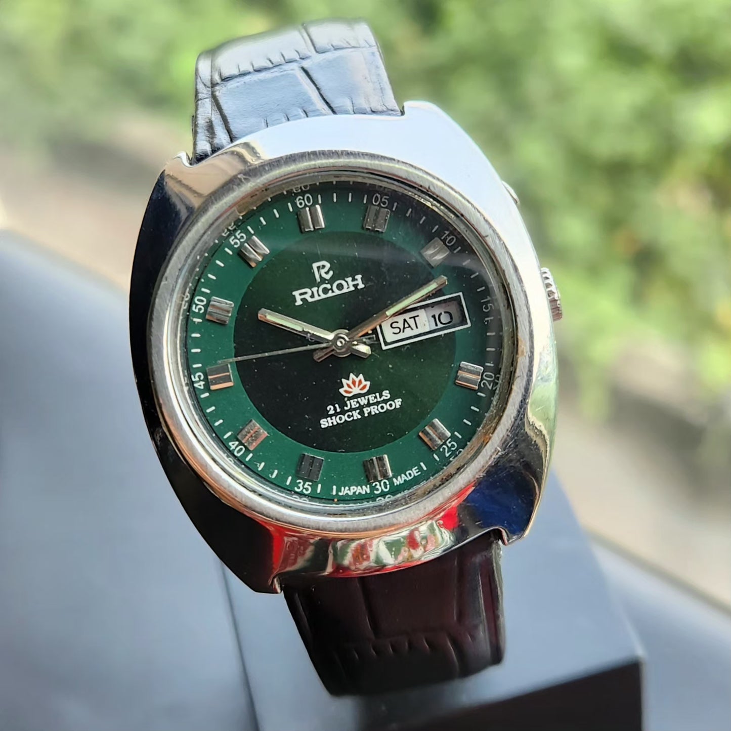 Vintage Ricoh R31 Automatic Green Face New Strap 21 Jewels Day-Date Men's Wrist Watch R116