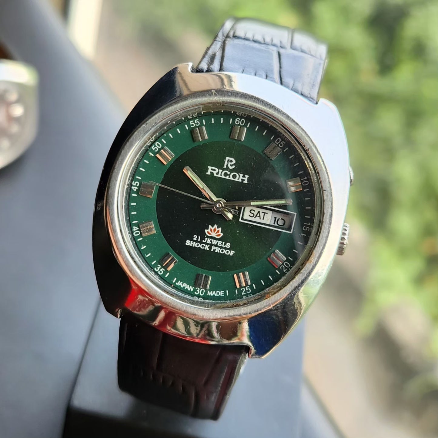 Vintage Ricoh R31 Automatic Green Face New Strap 21 Jewels Day-Date Men's Wrist Watch R116