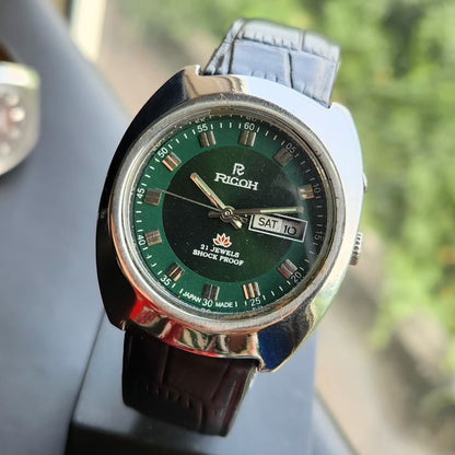 Vintage Ricoh R31 Automatic Green Face New Strap 21 Jewels Day-Date Men's Wrist Watch R116