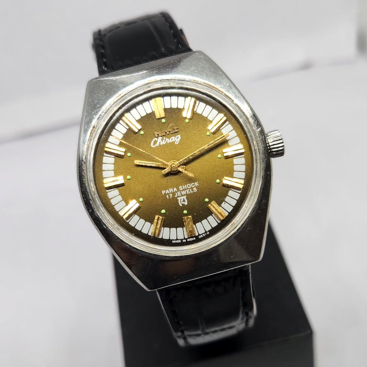 Vintage Original HMT Chirag Hand Winding 17 Jewels Gold Face Men's Wrist Watch HM130
