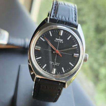 Vintage Original HMT Vijay Hand Winding 17 Jewels Black Face Men's Wrist Watch HM147