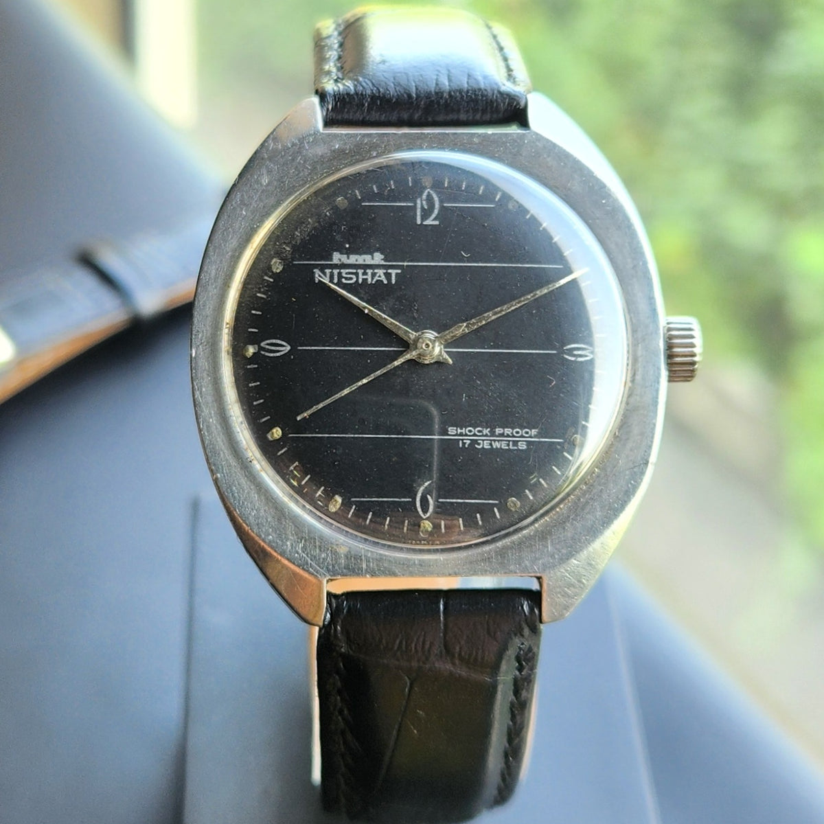 Vintage Original HMT Nishat Hand Winding 17 Jewels Black Face Men's Wrist Watch HM152