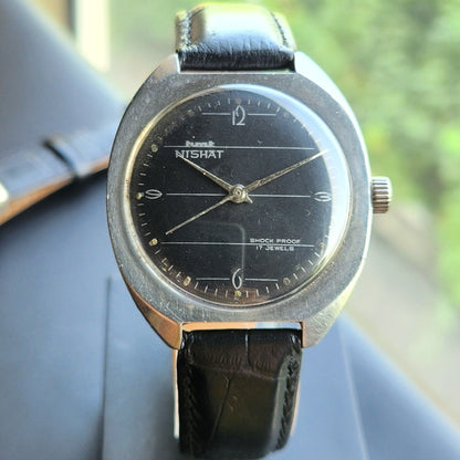 Vintage Original HMT Nishat Hand Winding 17 Jewels Black Face Men's Wrist Watch HM152