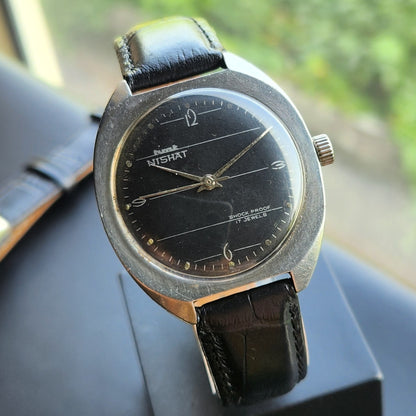 Vintage Original HMT Nishat Hand Winding 17 Jewels Black Face Men's Wrist Watch HM152