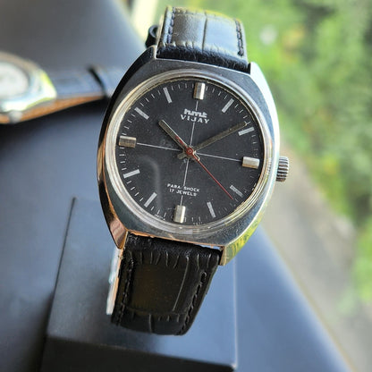 Vintage Original HMT Vijay Hand Winding 17 Jewels Black Face Men's Wrist Watch HM154