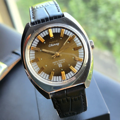 Vintage Original HMT Chirag Hand Winding 17 Jewels Brown Face Men's Wrist Watch HM155